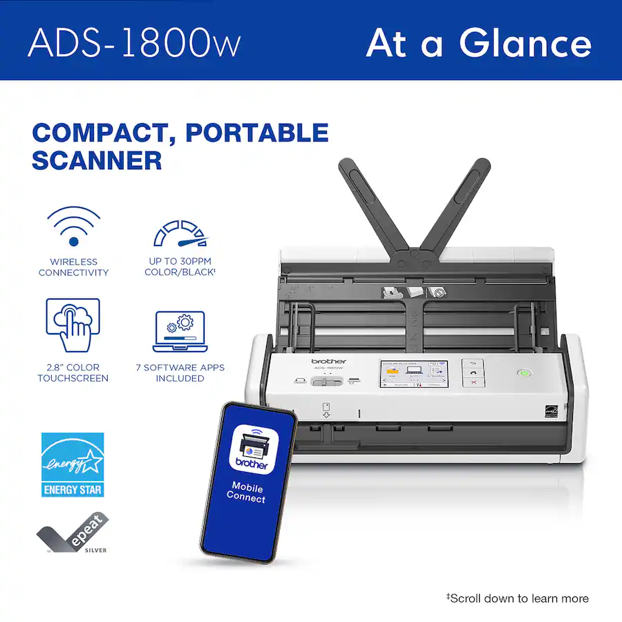 Brother ADS 1800W Compact Wireless Duplex Desktop Scanner with Single ...