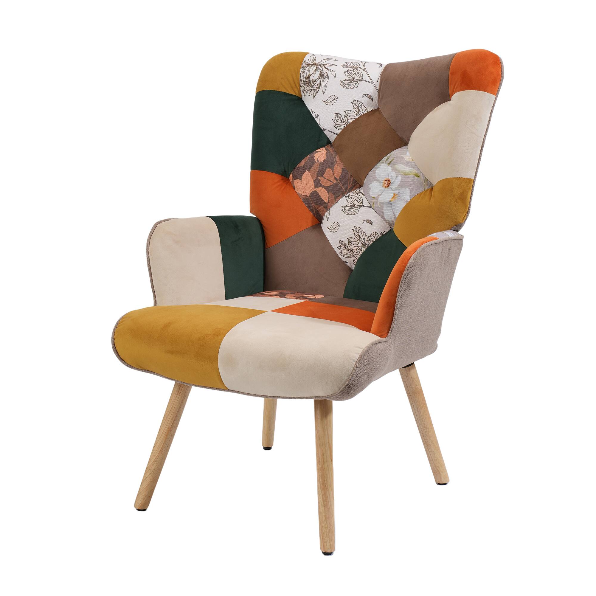 Angle. FERPIT - FERPIT Patchwork Upholstered Wingback Accent Chair with Rubberwood Legs, Magnolia Ginger Patchwork - Magnolia Ginger Patchwork.