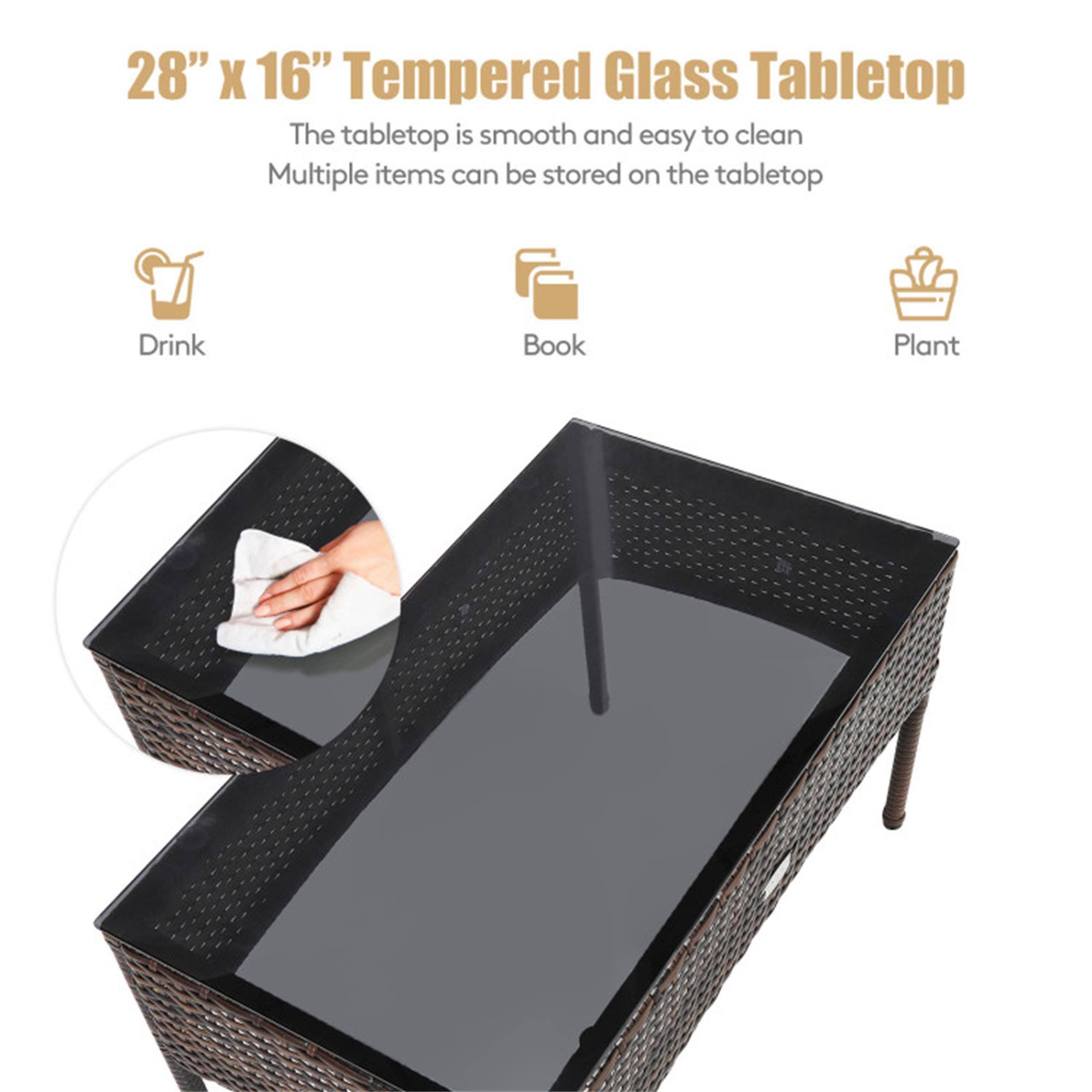 28" x 16" Tempered Glass Tabletop

The tabletop is smooth and easy to clean. Multiple items can be stored on the tabletop.

- Drink
- Book
- Plant