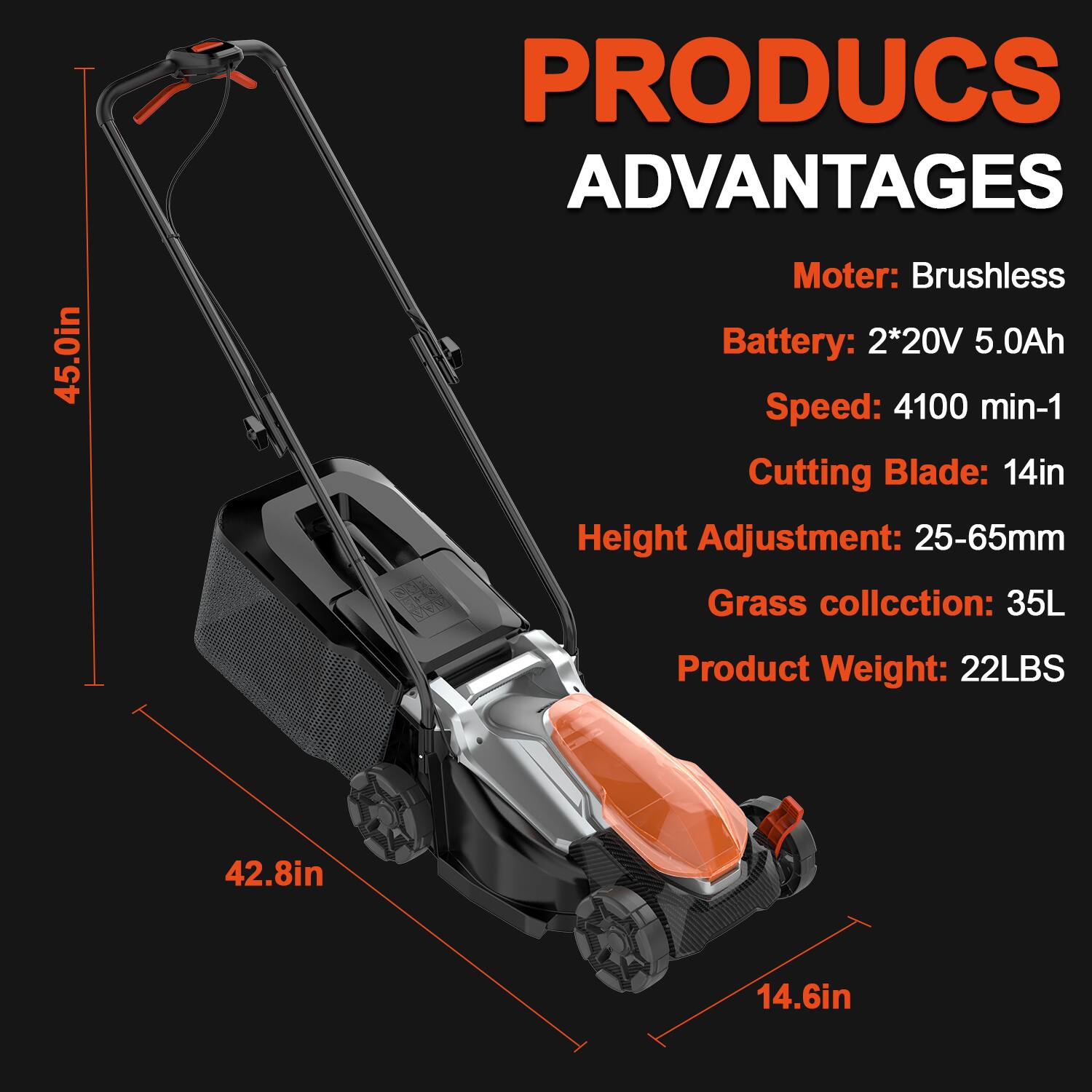 PRODUCS ADVANTAGES  
45.0in  
Motor: Brushless  
Battery: 2*20V 5.0Ah  
Speed: 4100 min-1  
Cutting Blade: 14in  
Height Adjustment: 25-65mm  
Grass collection: 35L  
Product Weight: 22LBS  
42.8in  
14.6in
