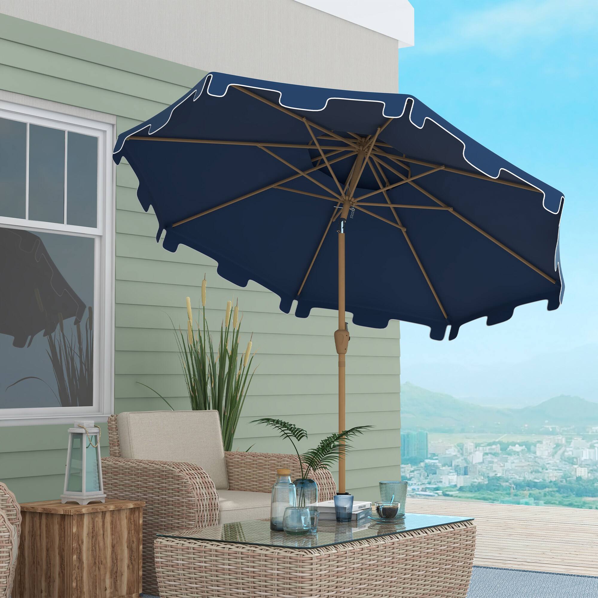 Alt View 1. Outsunny - 9' Patio Umbrella with Push Button Tilt and Crank, Double Top Ruffled Outdoor Market Table Umbrella with 8 Ribs - Dark Blue.