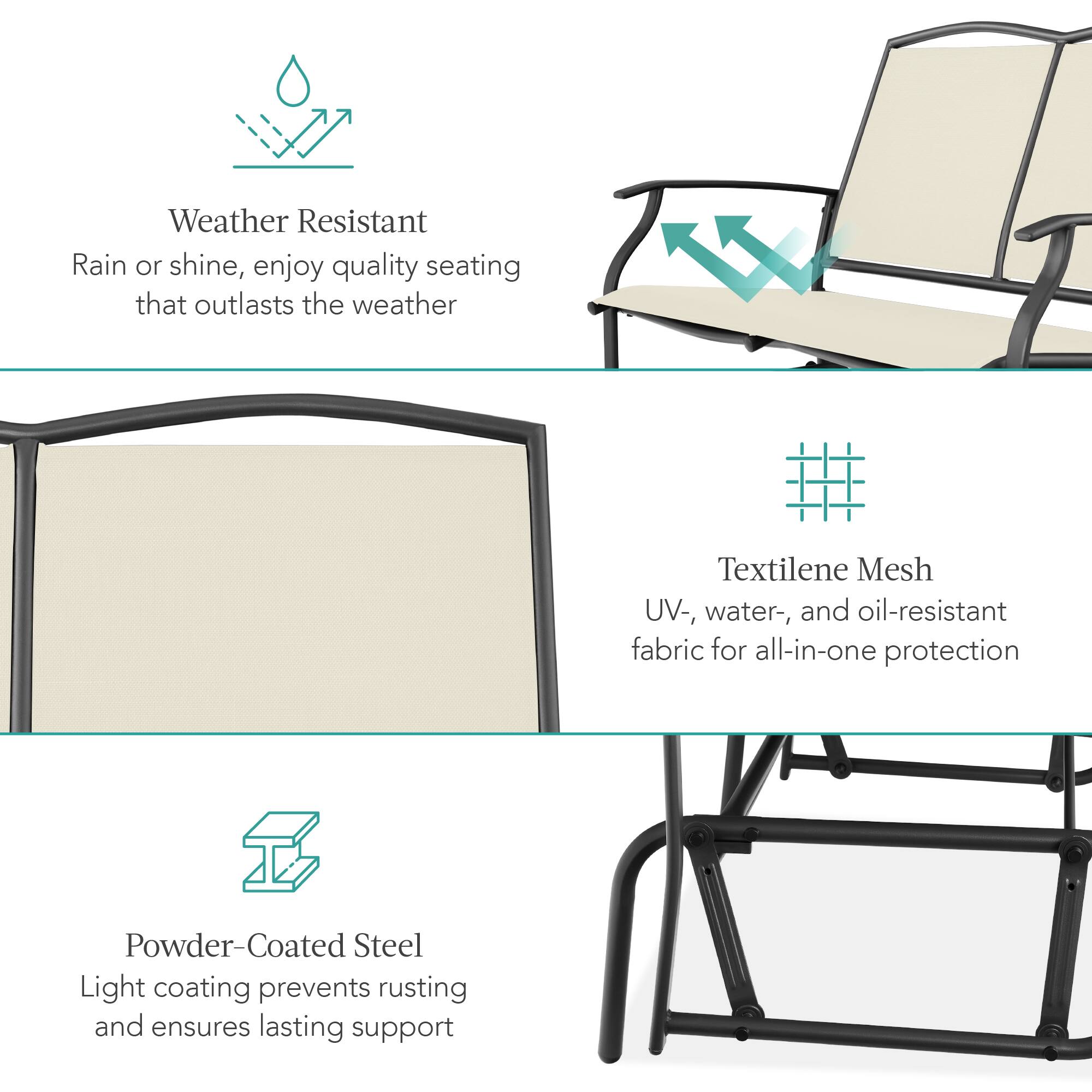 Weather Resistant  
Rain or shine, enjoy quality seating that outlasts the weather  

Textilene Mesh  
UV-, water-, and oil-resistant fabric for all-in-one protection  

Powder-Coated Steel  
Light coating prevents rusting and ensures lasting support