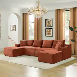 Anysun - 115" U-Shape Boneless Corduroy Sectional with Chaise & Ottoman-No Assembly, Deep-Seat Modular Cloud Sofa for Living Room - Orange