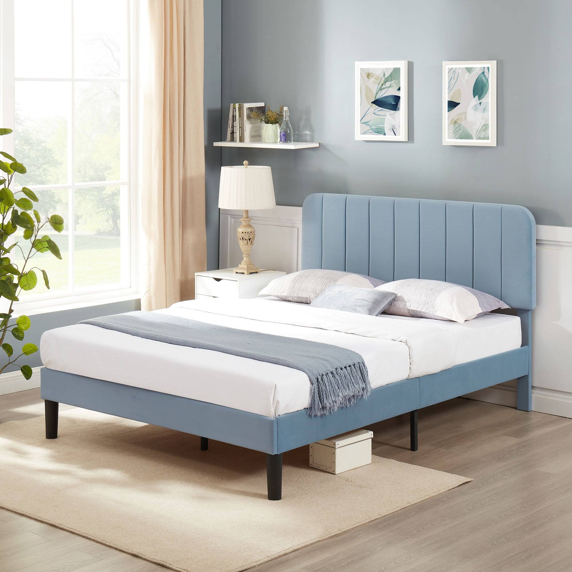 Alt View 3. Vecelo - Full Bed Frame w/ Padded Headboard & Platform, Reinforced Wood Slats - No Box Spring, Velvet Dark Blue - Easy Assembly - Light Blue.