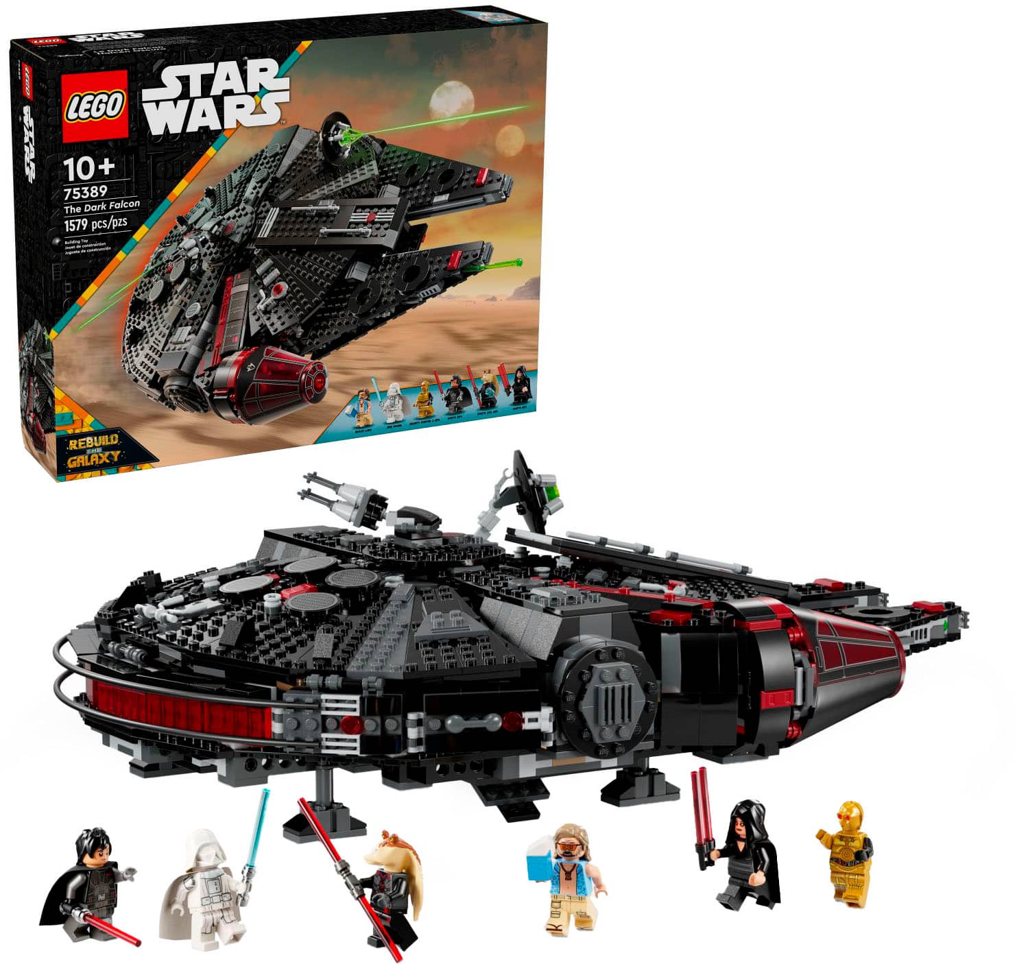 The image features a Lego Star Wars set called "The Dark Falcon." The set includes a spaceship and several action figures, such as Darth Vader and other characters. The set is designed for builders aged 10 and above and has 1579 pieces. The Lego set is displayed on a white background, showcasing the spaceship and the action figures.