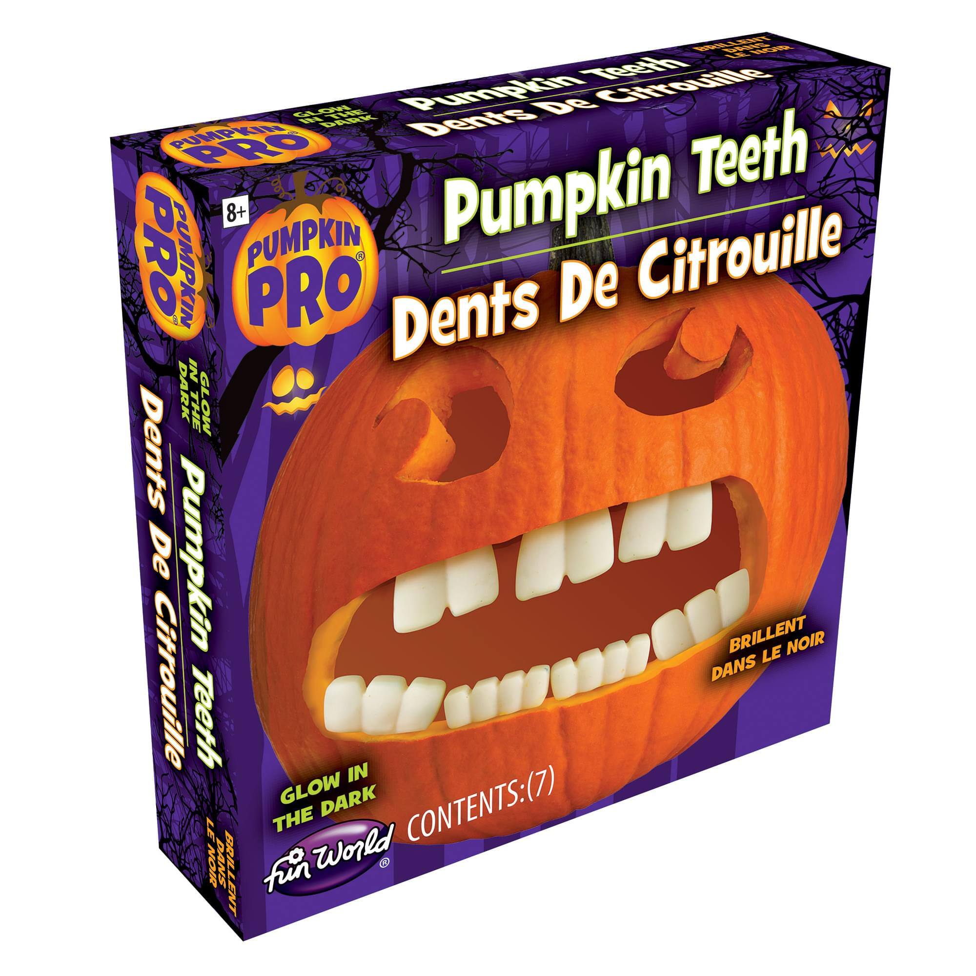 Pumpkin Teeth  
Dents De Citrouille  
Pumpkin Pro  
Dents De Citrouille  
Glow In The Dark  
Brillent Dans Le Noir  
Contents: (7)  
Fun World