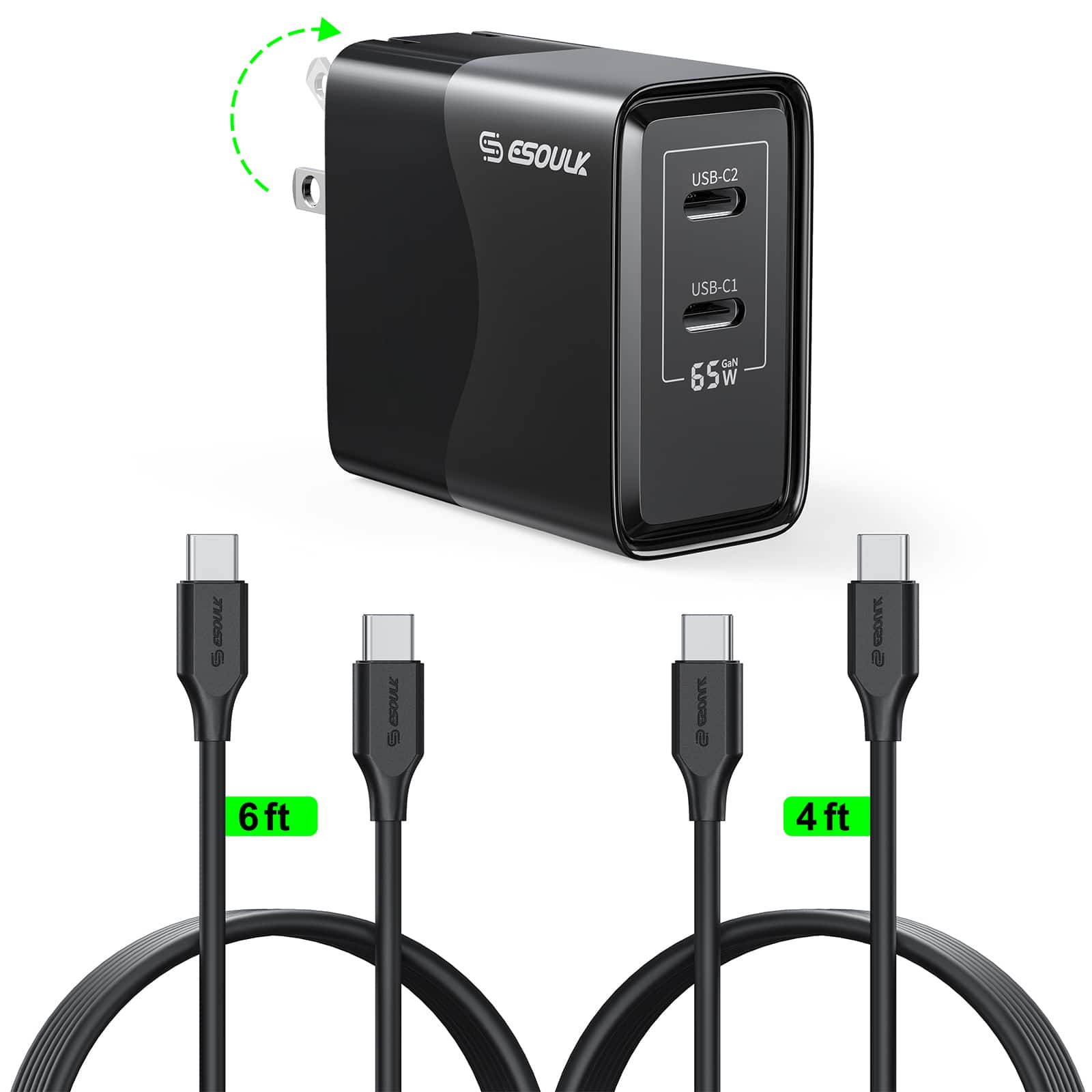 Esoulk - Premium 65W GaN 2-Port Dual USB-C Wall Charger Adapter with 2 Cables for iPhone 17 Pro Max, Macbook, iPad, Samsung - Black