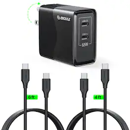 Esoulk - Premium 65W GaN 2-Port Dual USB-C Wall Charger Adapter with 2 Cables for iPhone 17 Pro Max, Macbook, iPad, Samsung - Black