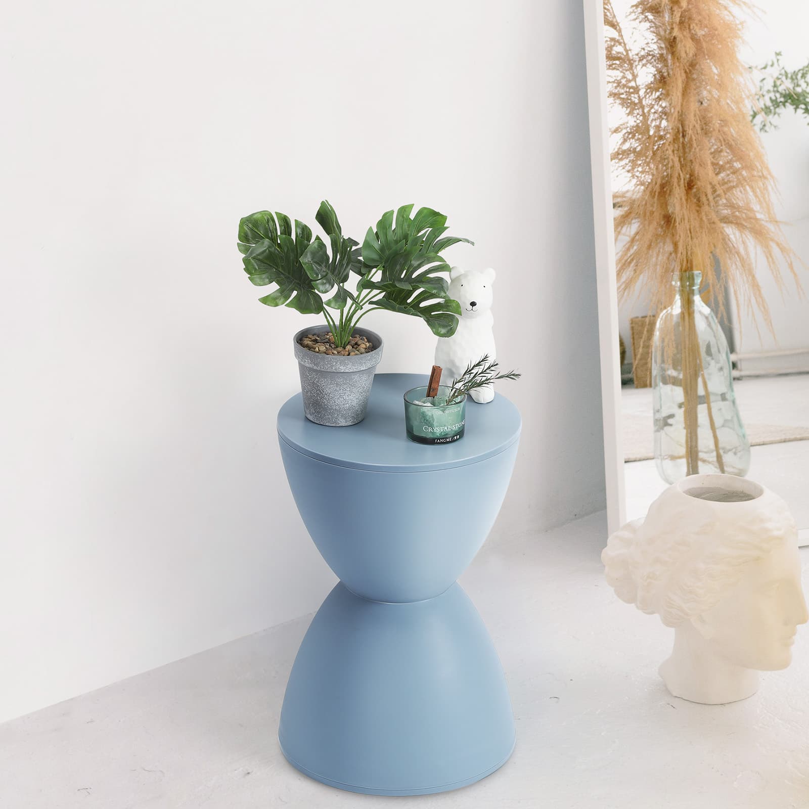 Oumilen - Modern Hourglass Accent Stool - Multifunctional Side Table for Living Room, Bedroom, and Entryway - Blue