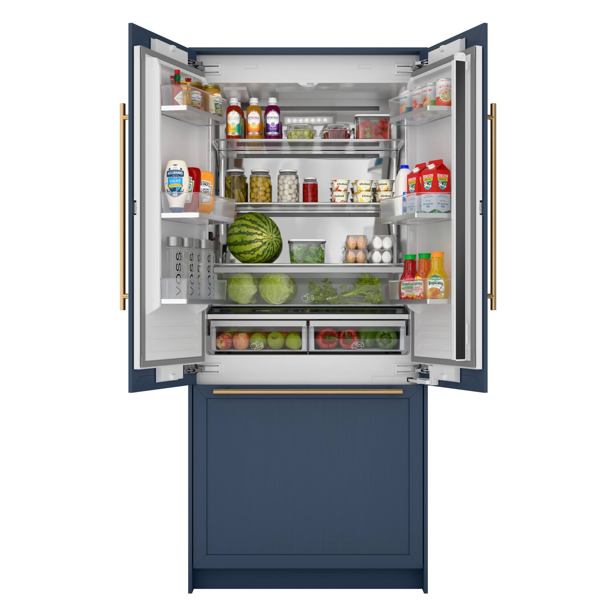 The image shows a refrigerator with its door open, revealing a variety of food items stored inside. There are several bottles, including juice and water, placed on different shelves. Additionally, there are fruits such as apples and oranges, as well as vegetables like broccoli and carrots. The refrigerator is filled with a diverse assortment of food items, making it an essential appliance for a well-stocked kitchen.