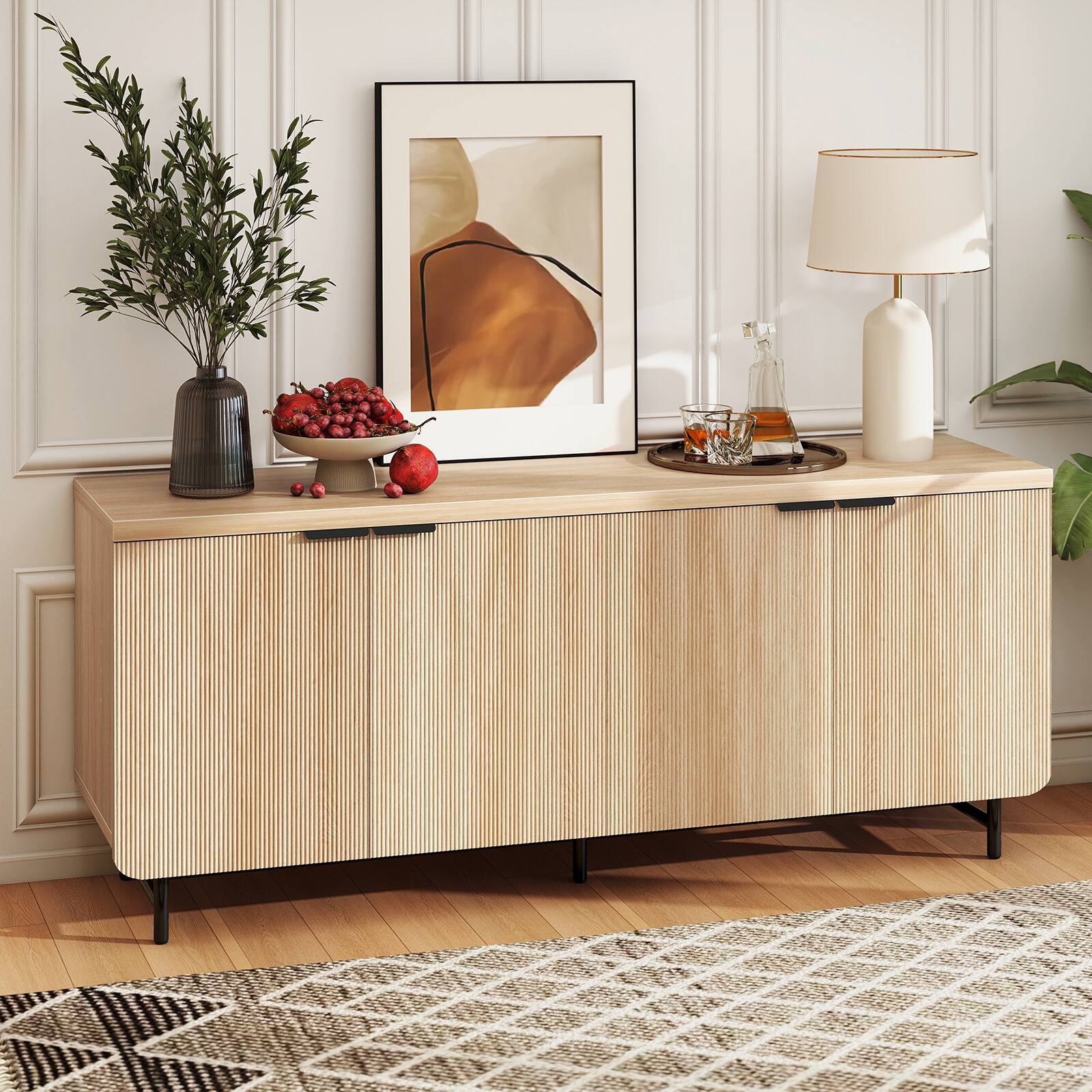 Left. Bestier - 70" Textured TV Stand with 4 Doors & Metal Legs, Storage Console for 75" TVs, Living Room Entertainment Center - Natual Oak.