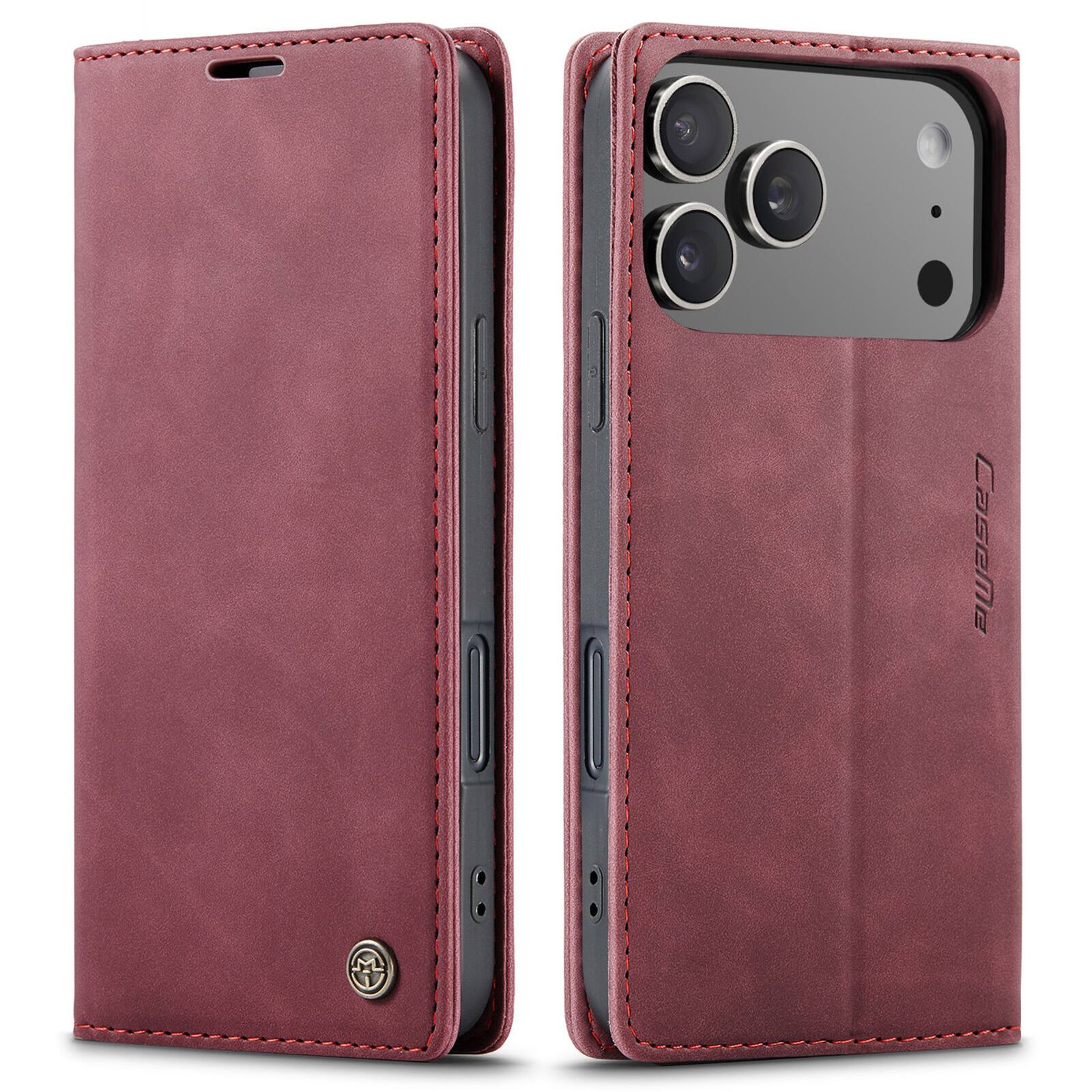 Angle. UUCOVER - Wallet Case for Apple iPhone 18 Pro,Magnetic PU Leather+TPU Card Slots Case Shockproof Flip Stand Cover - Winered.