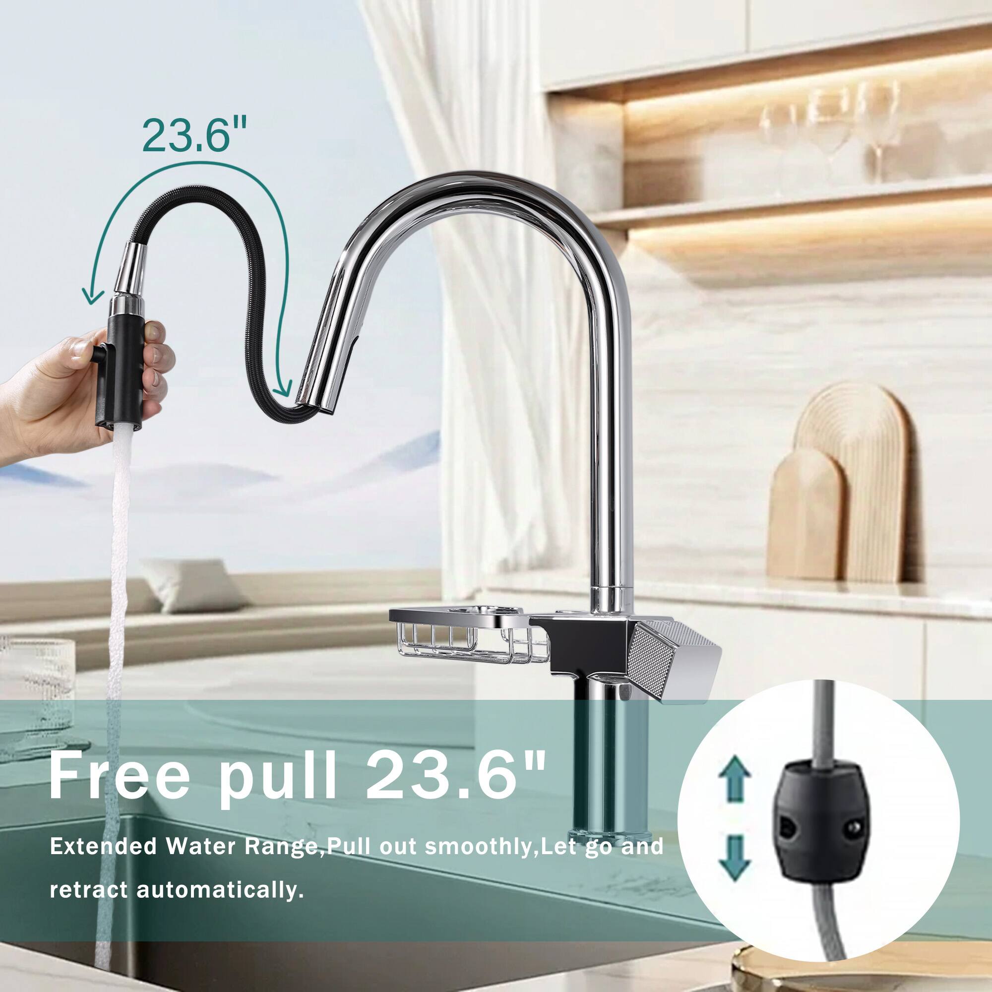 Free pull 23.6"  
Extended Water Range, Pull out smoothly, Let go and retract automatically.