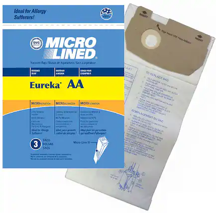 Ideal for Allergy Sufferers!
DVC MICRO LINED
Vacuum Bags / Bolsas de Aspiradora / Sacs d'aspirateur
DESIGNED TO FIT
DISEÑADO CON MEDIDA
CONÇU POUR S'ADAPTER À
Eureka' AA
MICRO-FILTRATION
2-Ply Filtration System
99.7% Filtration
Captures Microscopic Particles
Ideal for Allergy Sufferers!
MICRO-FILTRACIÓN
Sistema de filtración de 2 capas
99.7% Filtración
Captura partículas microscópicas
Ideal para quienes sufren de alergias!
MICRO-FILTRATION
Système de filtration à 2 couches
99.7% Filtration
Pige les particules microscopiques
Idéal pour les personnes qui souffrent d'allergies!
3 BAGS
BOLSAS
SACS
Micro-Liner®
TO REPLACE BAG
A. FOLD SKEINS OF PAPER BAG COLLAR
B. SLIP BAG COLLAR INTO HOSE ADAPTER
C. PUSH COLLAR