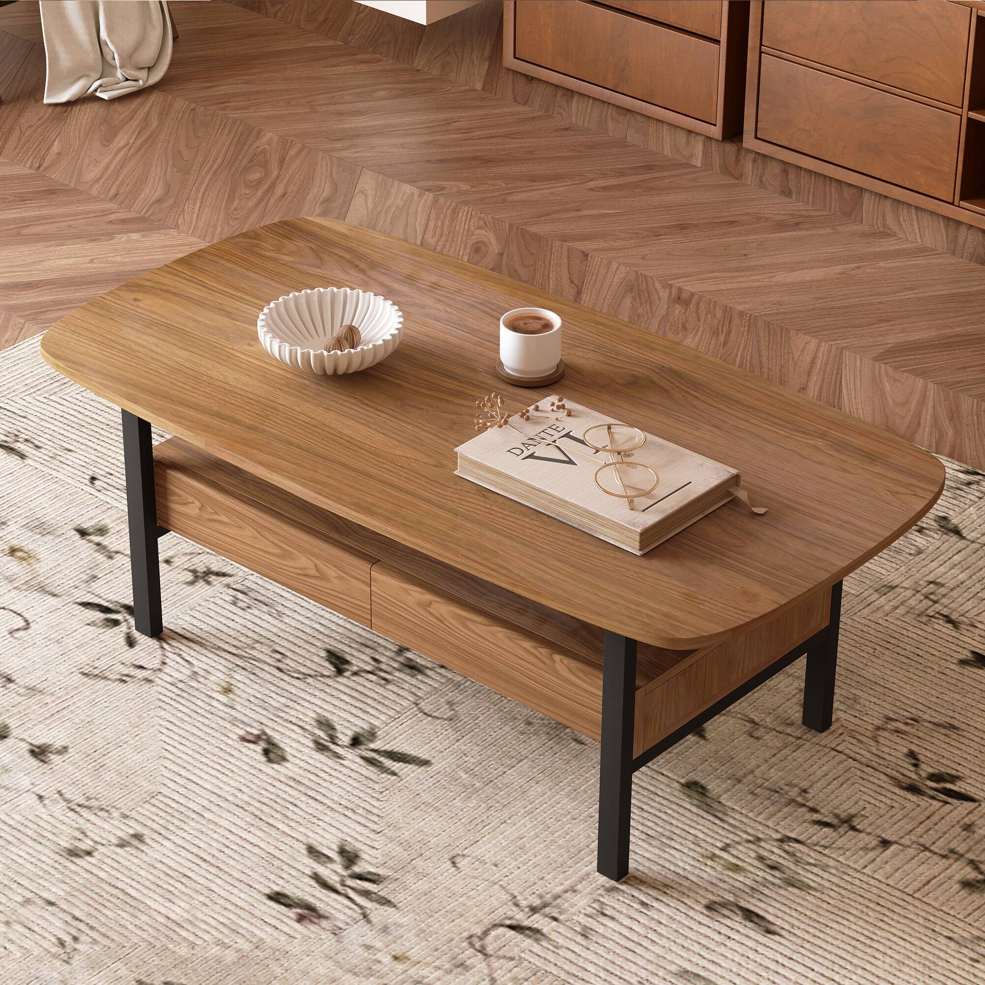 Left. luck idea - 47.2" Coffee Table with Double Drawers and Metal Legs - Walnut Color.