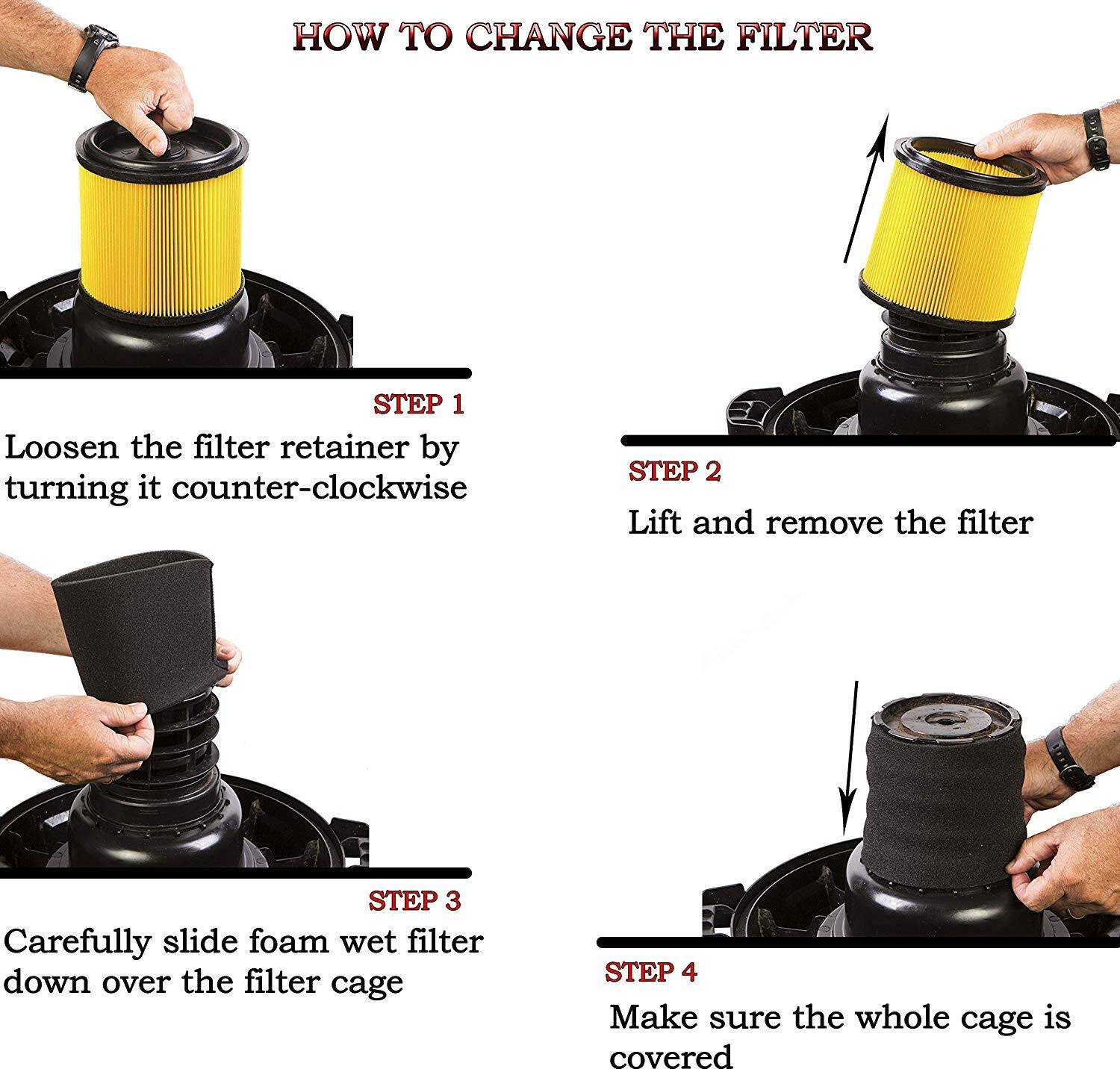 HOW TO CHANGE THE FILTER

STEP 1  
Loosen the filter retainer by turning it counter-clockwise

STEP 2  
Lift and remove the filter

STEP 3  
Carefully slide foam wet filter down over the filter cage

STEP 4  
Make sure the whole cage is covered