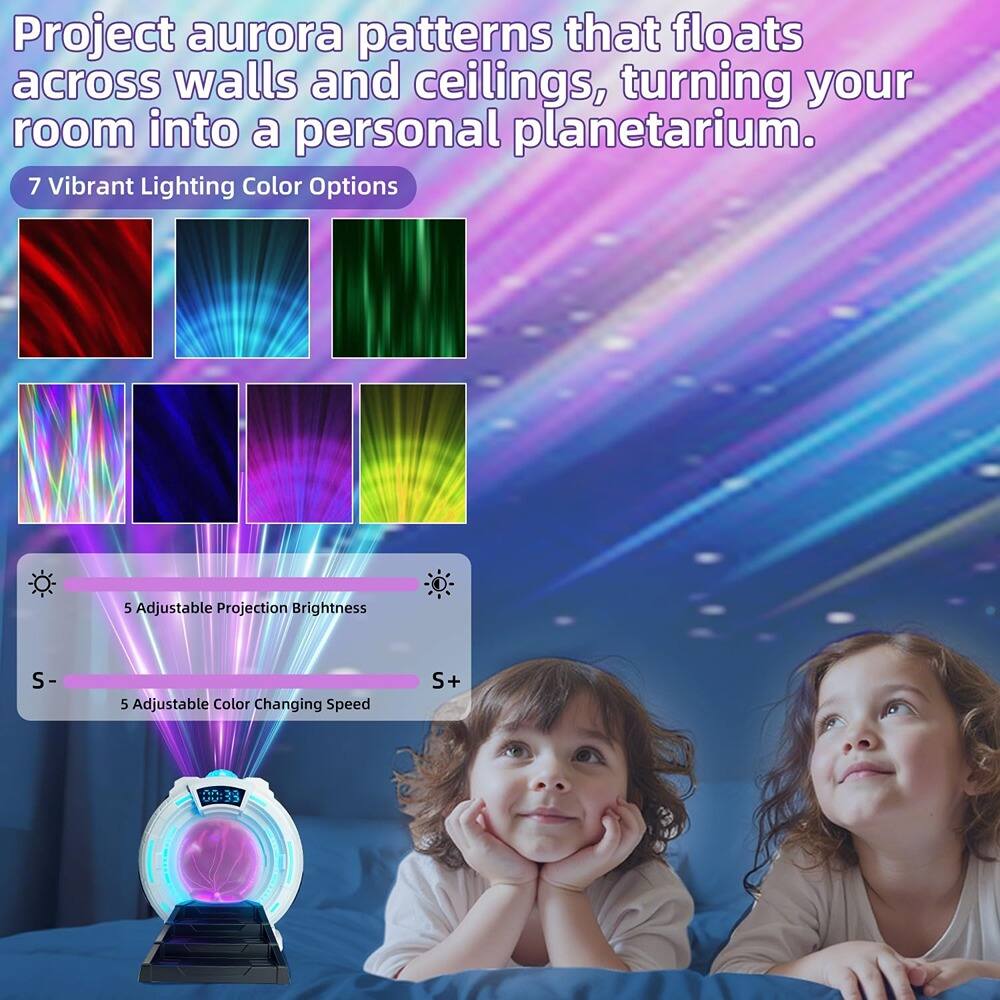 Project aurora patterns that float across walls and ceilings, turning your room into a personal planetarium.

7 Vibrant Lighting Color Options

5 Adjustable Projection Brightness

5 Adjustable Color Changing Speed

S- S+