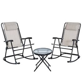 Resenkos - Outdoor Folding Rocking Chair Patio Table Seating Set, 2 Rocking Chairs, 1 Side Table, Fabric - Cream White