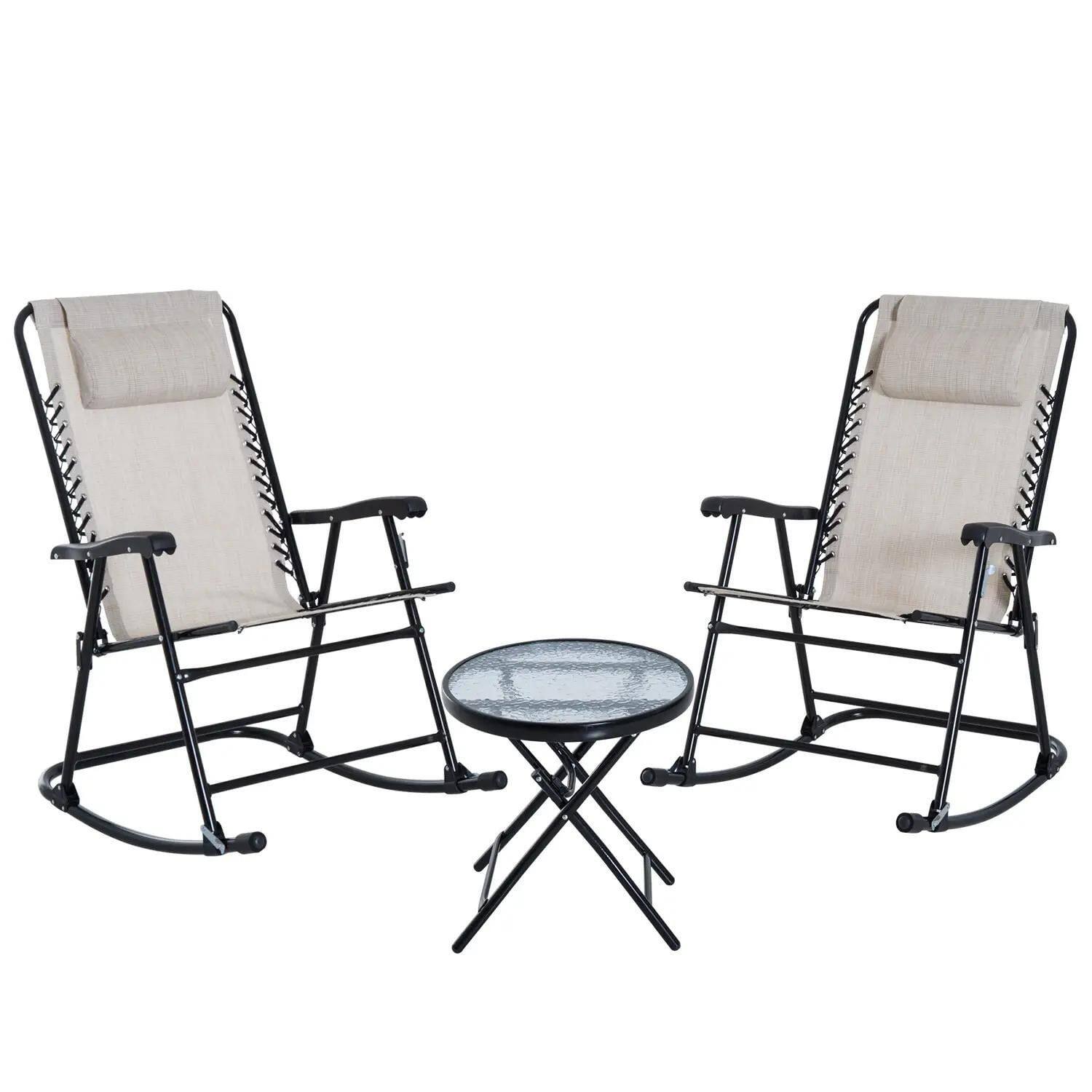 Front. Resenkos - Resenkos Outdoor Folding Rocking Chair Patio Table Seating Set, 2 Rocking Chairs, 1 Side Table, Fabric, Cream White - Cream White.
