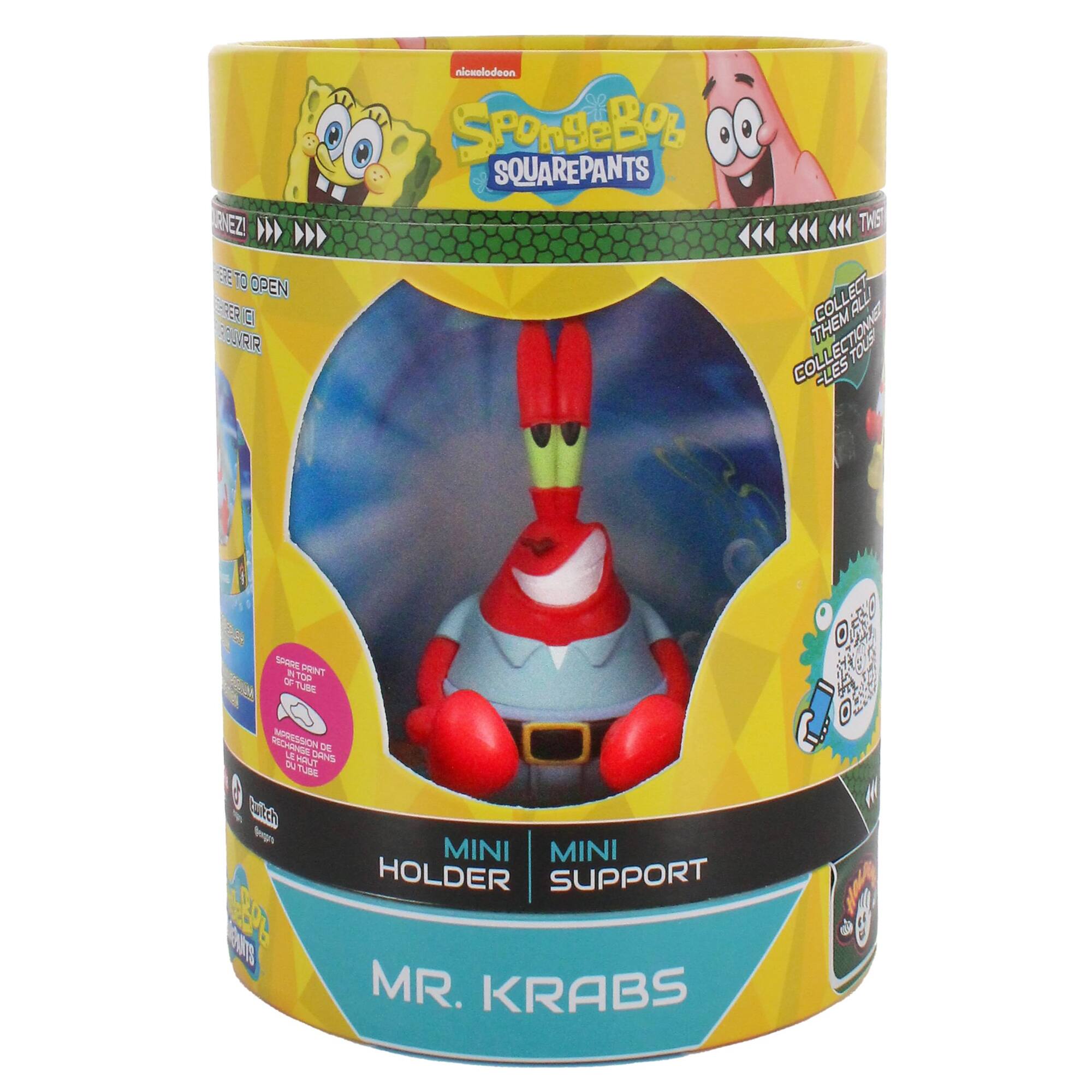 The image features a Mr. Krabs figure from the Spongebob Squarepants collection. The figure is part of a mini holder support, which is designed to hold and display the Spongebob Squarepants toys. The toy is packaged in a box, making it easy to store and transport. The box also includes a Mr. Krabs figure, which is a popular character from the Spongebob Squarepants series.