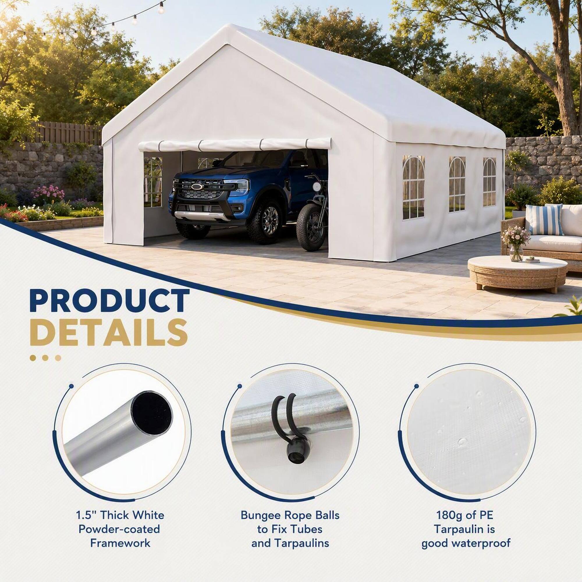 PRODUCT DETAILS

1.5" Thick White Powder-coated Framework

Bungee Rope Balls to Fix Tubes and Tarpaulins

180g of PE Tarpaulin is good waterproof