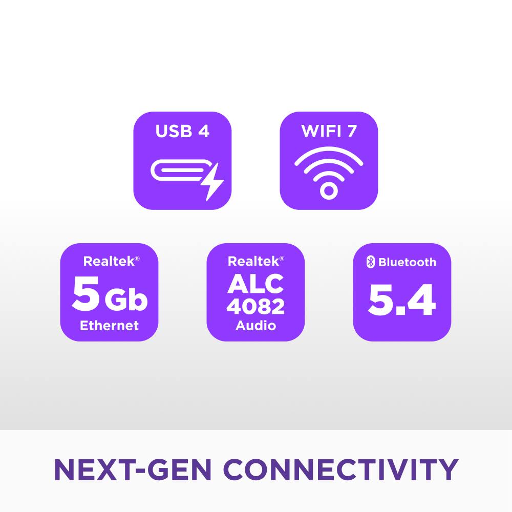 Next-Gen Connectivity: USB 4.0, WiFi 7, Realtek* 5 Gb Ethernet, Realtek* ALC 4082 Audio & Bluetooth 5.4.