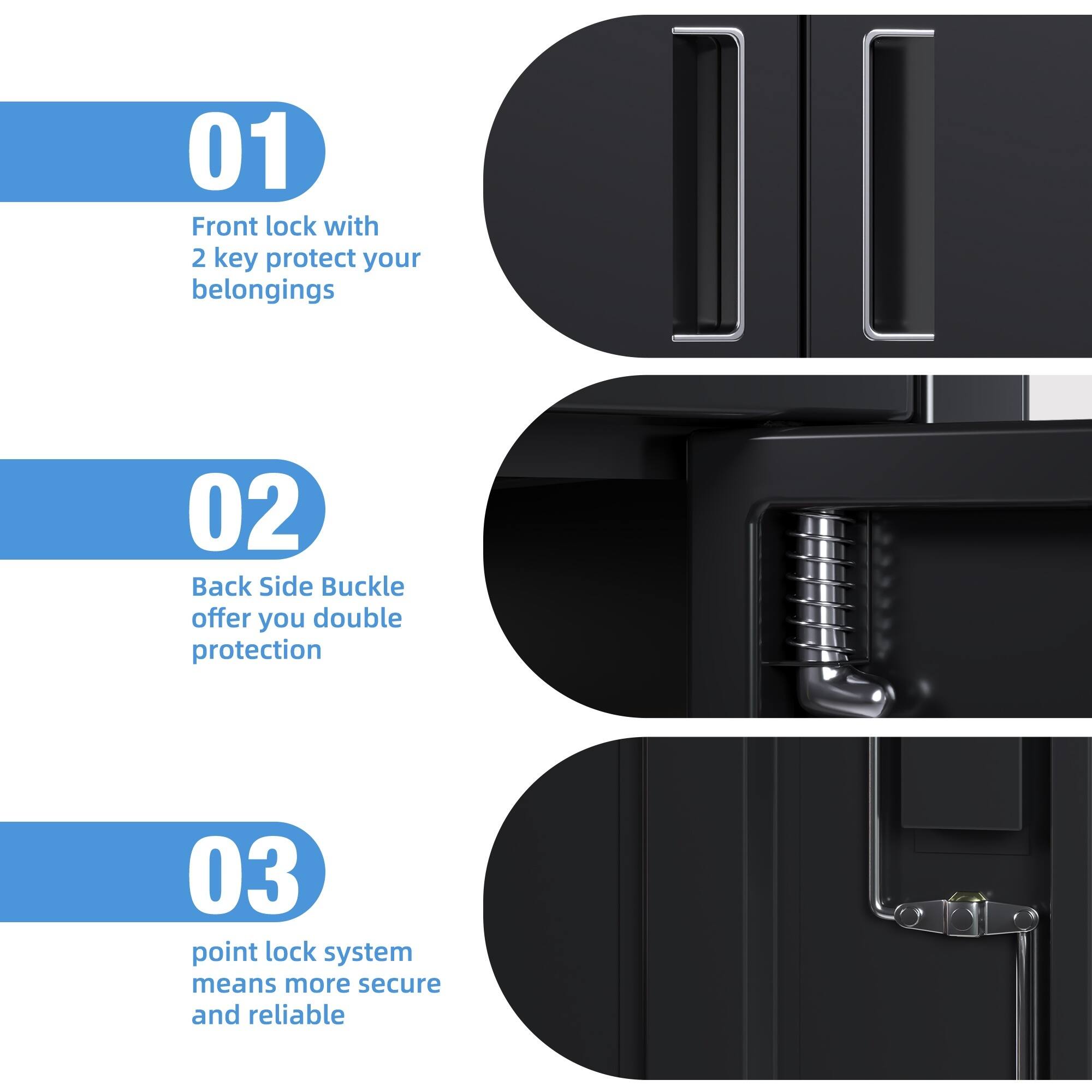 01 Front lock with 2 key protect your belongings  
02 Back Side Buckle offer you double protection  
03 point lock system means more secure and reliable