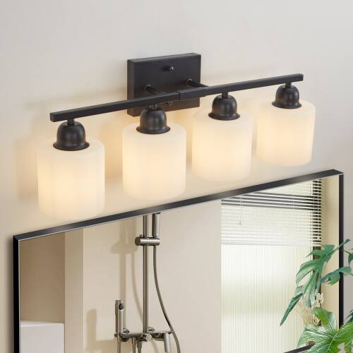 Left. LUCKY ONE - 24in Wall Mount Vanity Light, 4-Light Black Modern Sconce with Milky White Frosted Glass Shades - Black.