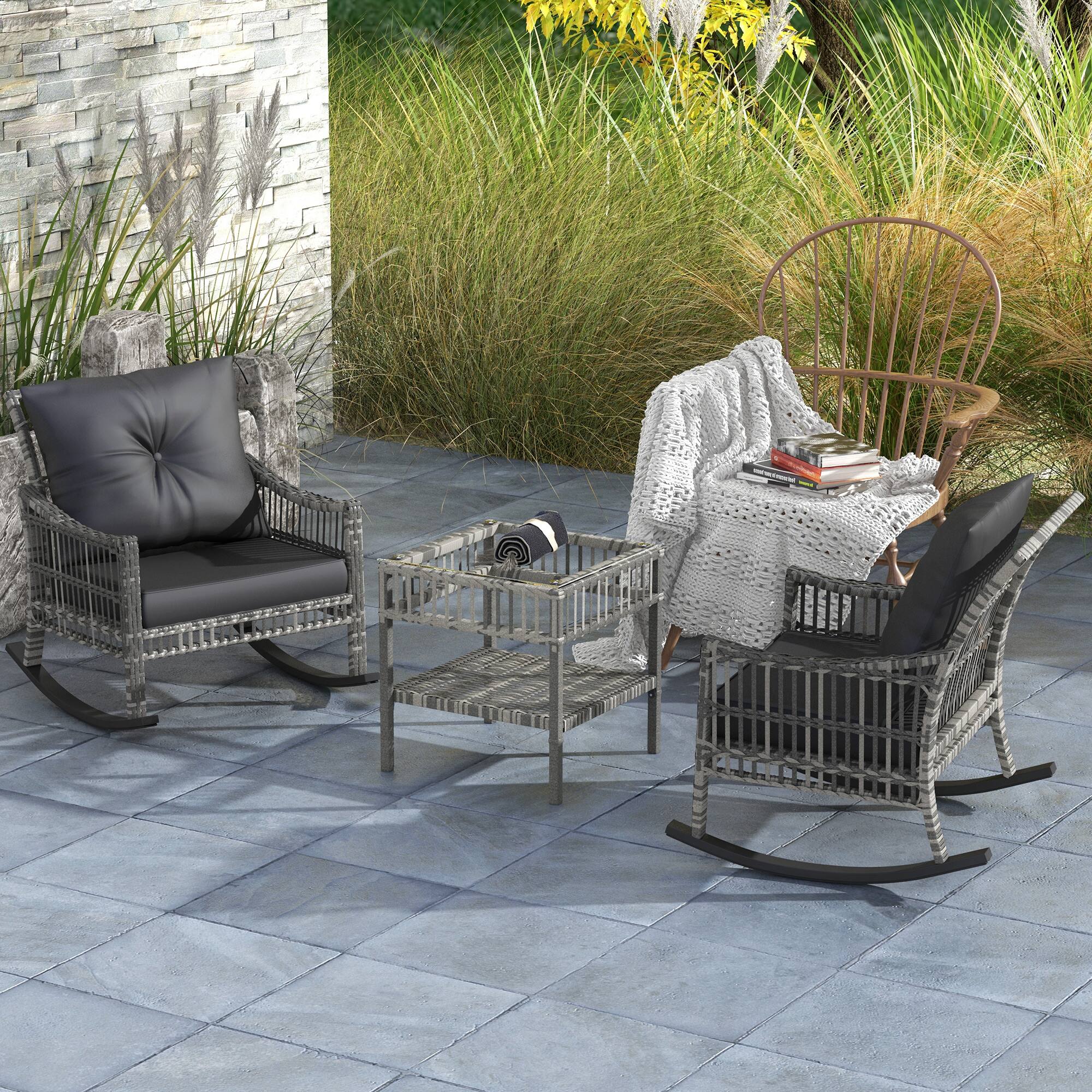Alt View 1. Outsunny - Piece Outdoor PE Rattan Rocker Chair Set - Gray.