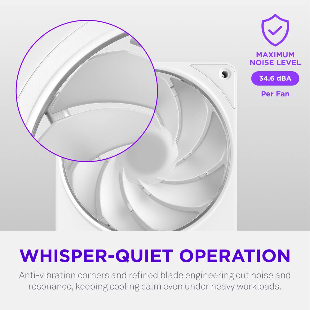 MAXIMUM NOISE LEVEL 34.6 dBA Per Fan

WHISPER-QUIET OPERATION

Anti-vibration corners and refined blade engineering cut noise and resonance, keeping cooling calm even under heavy workloads.