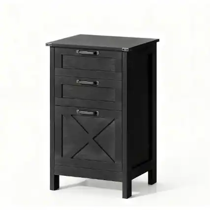Front. HTUTWOO - File Cabinet with 3 Drawers - Farmhouse Office Storage Cabinet, Vertical Filing Organizer, Metal Frame with Wood Finish - Black.