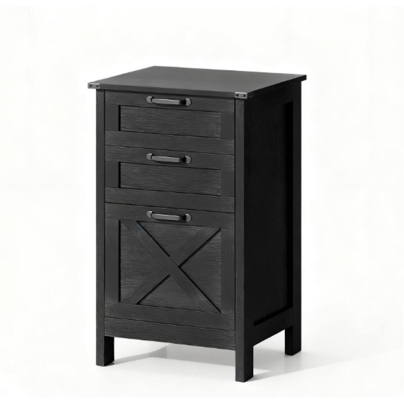 Front. HTUTWOO - File Cabinet with 3 Drawers - Farmhouse Office Storage Cabinet, Vertical Filing Organizer, Metal Frame with Wood Finish - Black.