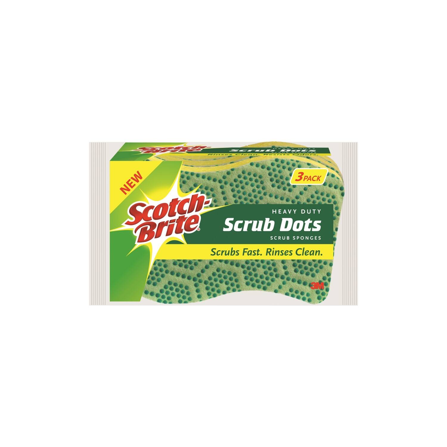3 PACK NEW Scotch-Brite Scrub Dots HEAVY DUTY SCRUB SPONGES Scrubs Fast. Rinses Clean. 3M