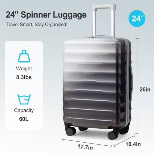 24" Spinner Luggage  
Travel Smart, Stay Organized!  

Weight: 8.3lbs  
Capacity: 60L  

Dimensions:  
- Height: 26in  
- Width: 17.7in  
- Depth: 10.4in