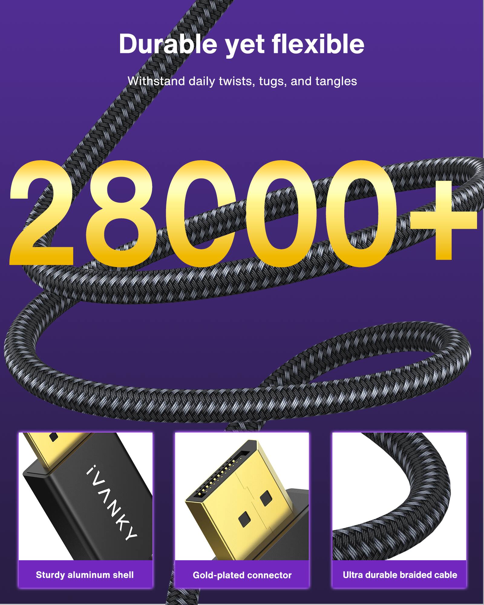 Durable yet flexible  
Withstand daily twists, tugs, and tangles  

28000+  

Sturdy aluminum shell  
Gold-plated connector  
Ultra durable braided cable