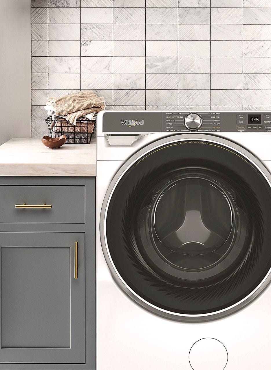 The text on the image reads: "Whirlpool 4.4 cu. ft. front load washer and dryer set."