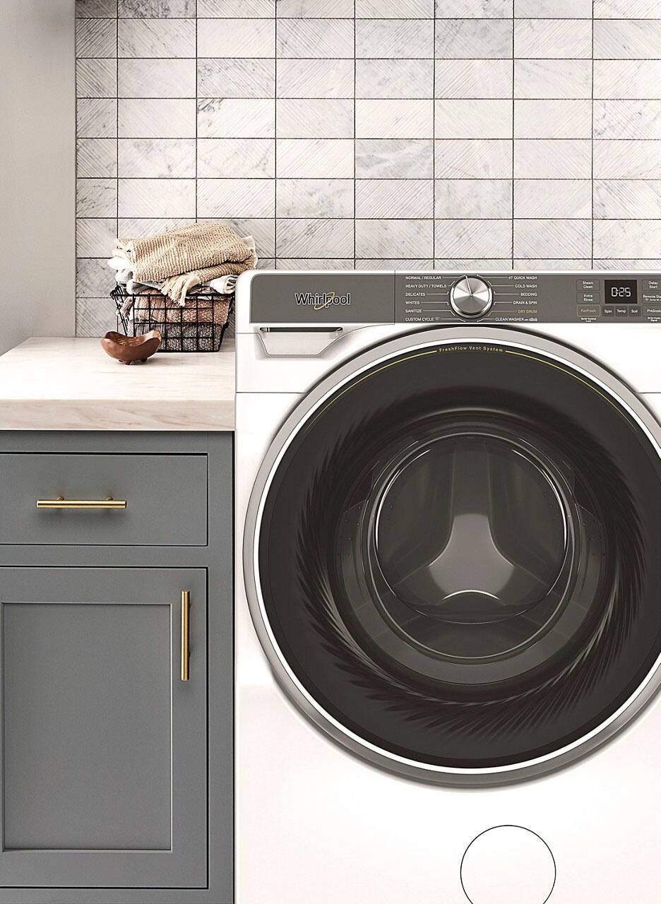 The text on the image reads: "Whirlpool 4.4 cu. ft. front load washer and dryer set."