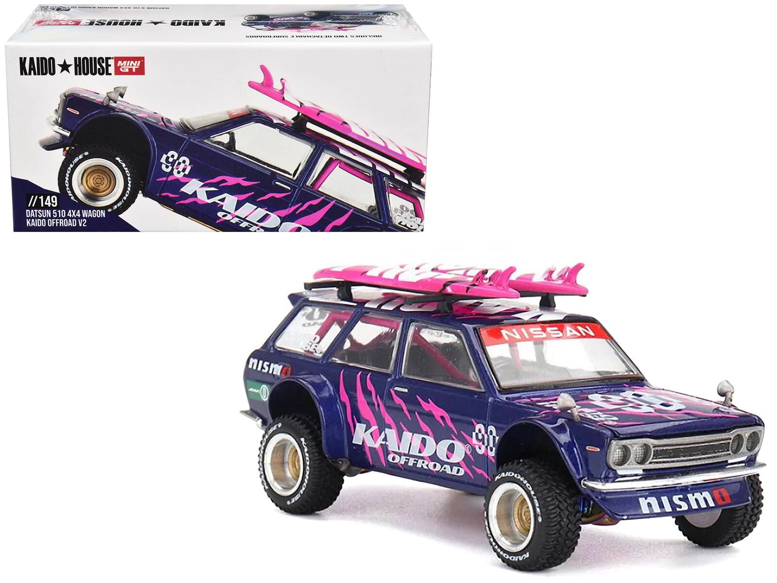 Mini GT - Datsun Kaido 510 Wagon 4x4 RHD #90 Kaido Offroad V2 Purple Pink Graphics Surfboards Roof Jun Imai Kaido House 1/64 - Purple With Pink