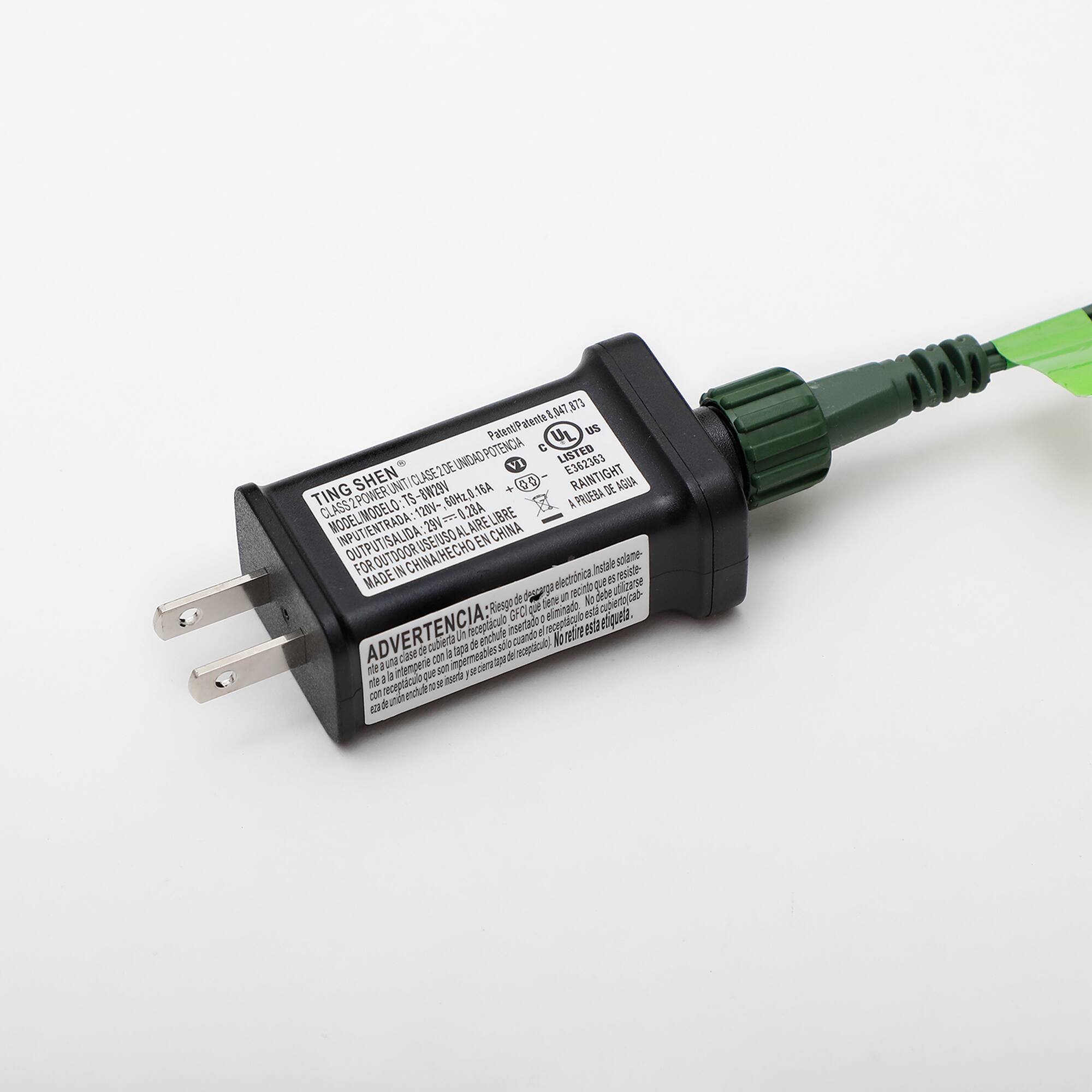 Ting Shen  
Modelo: 1209-02  
Entrada: 20V 0.28A  
Salida: 12V 2A  
Clase de Potencia: 2  
Clase de Protección: IP67  
Certificación: E223563  
Lista: UL  
Hecho en China  

ADVERTENCIA:  
No debe ser instalado en lugares donde haya riesgo de humedad o agua.  
No debe ser instalado en lugares donde haya riesgo de explosión.  
No debe ser instalado en lugares donde haya riesgo de incendio.  
No debe ser instalado en lugares donde haya riesgo de sobrecarga.  
No debe ser instalado en lugares donde haya riesgo de cortocircuito.  
No debe ser instalado en lugares donde haya riesgo de sobretensión.  
No debe ser instalado en lugares donde haya riesgo de sobrecalentamiento.  
No debe ser instalado en lugares donde haya riesgo de sobrecarga eléctrica.  
No debe ser instalado en lugares donde haya riesgo de sobrecarga eléctrica.  
No debe ser instalado en lugares donde