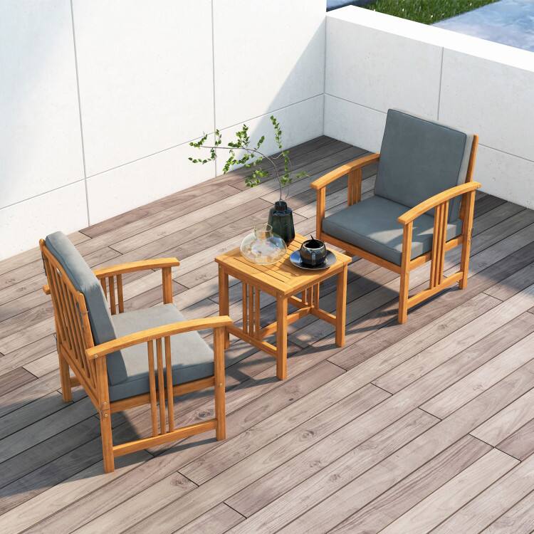 Alt View 1. Mondawe - 3 Piece Solid Wood Outdoor Patio Sofa Furniture Set with Thick Cushions - Grey.