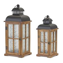 BreeBe - Natural Wood Lantern with Ornate Frosted Glass (Set of 2) - Brown, Black