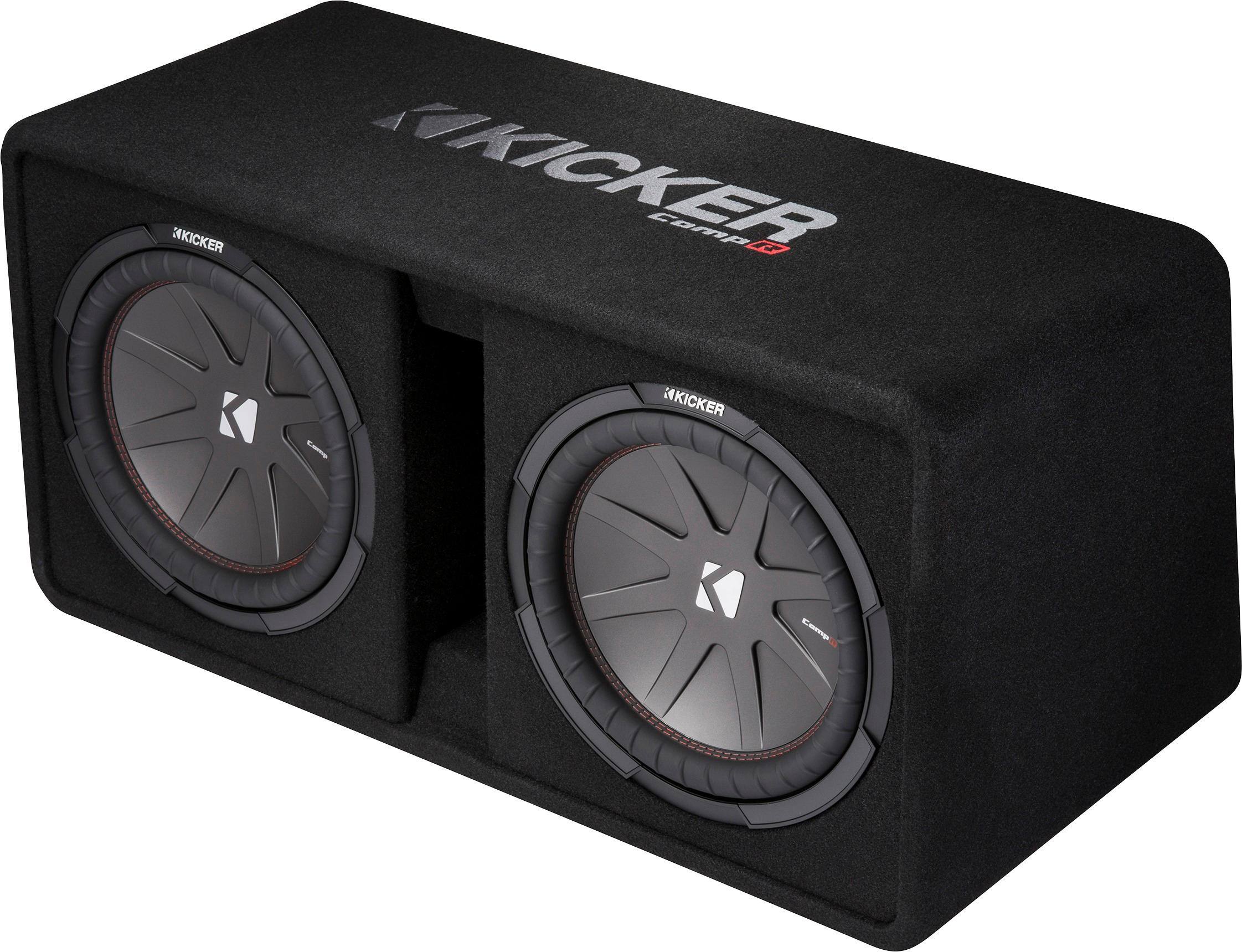 Left. KICKER - CompR Dual 12" Dual-Voice-Coil 2-Ohm Subwoofers with Enclosure - Black.