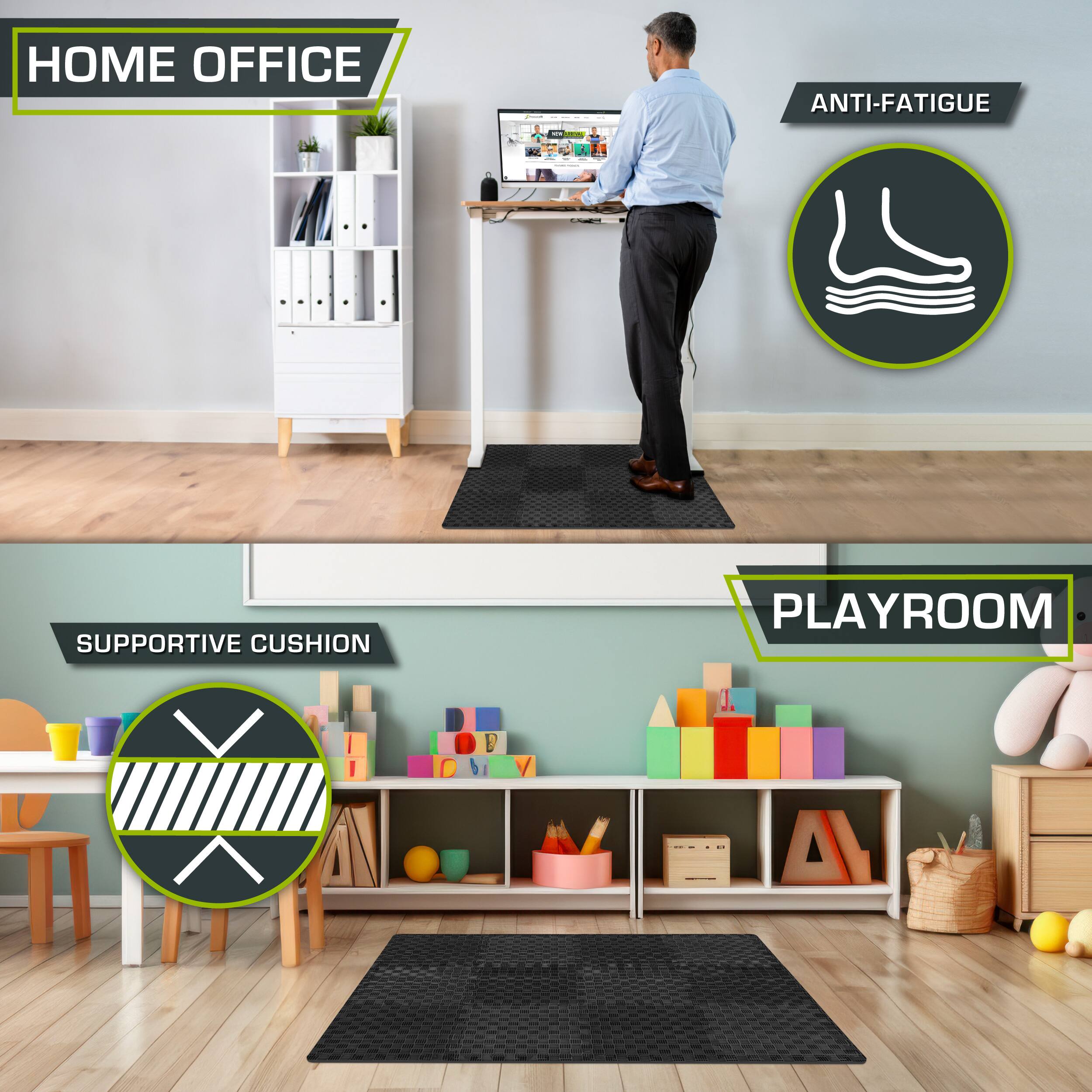 The corrected text from the image is:

- HOME OFFICE
- ANTI-FATIGUE
- SUPPORTIVE CUSHION
- PLAYROOM