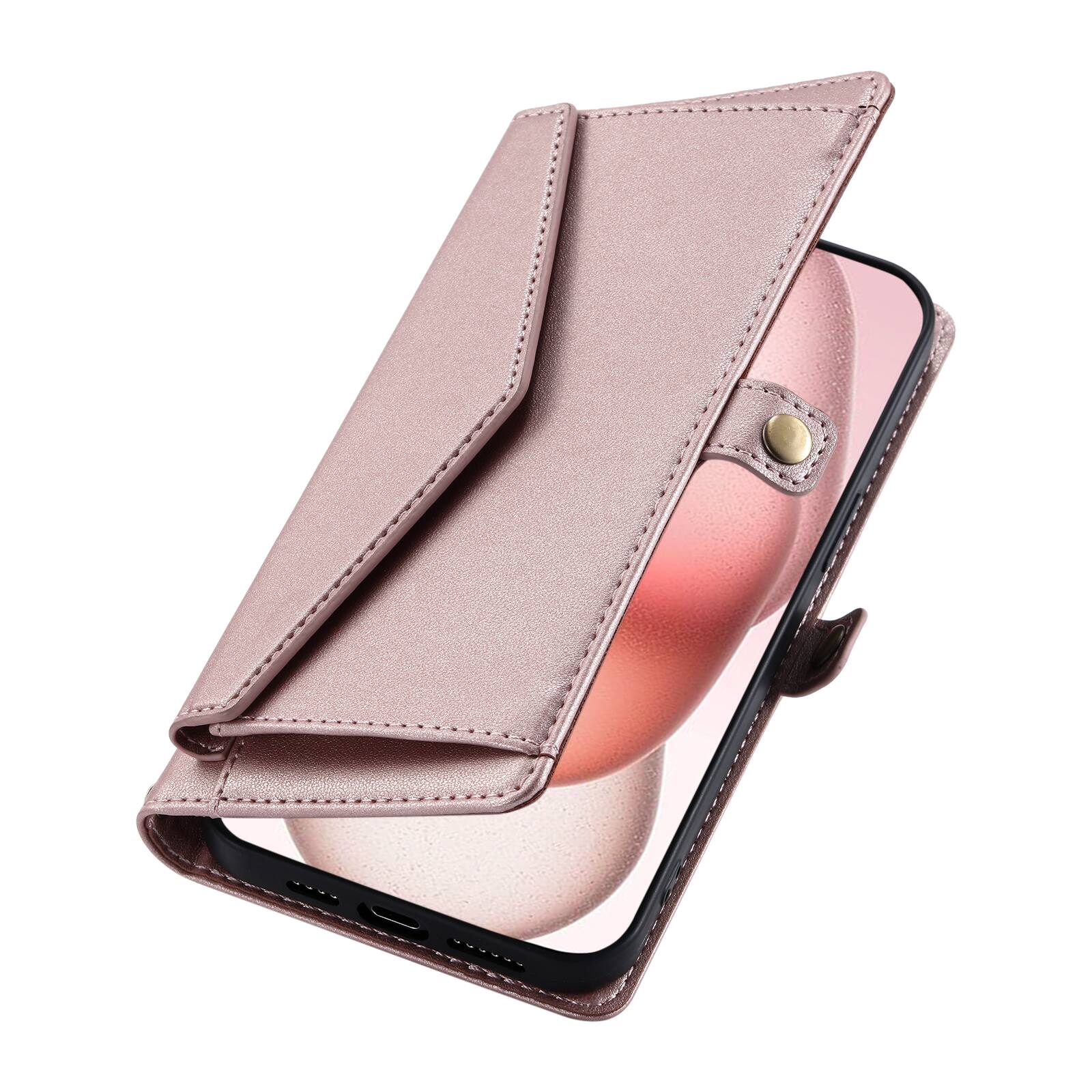 Left. Dteck - Foilo Wallet Case for Apple iPhone 17,Shockproof Card Holder PU Leather Magnetic Snap Phone Cover with Lanyard - Rosegold.
