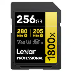 256 GB
280 MB/s R
205 MB/s W
V60
1800x
Lexar Professional