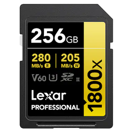 256 GB
280 MB/s R
205 MB/s W
V60
1800x
Lexar Professional