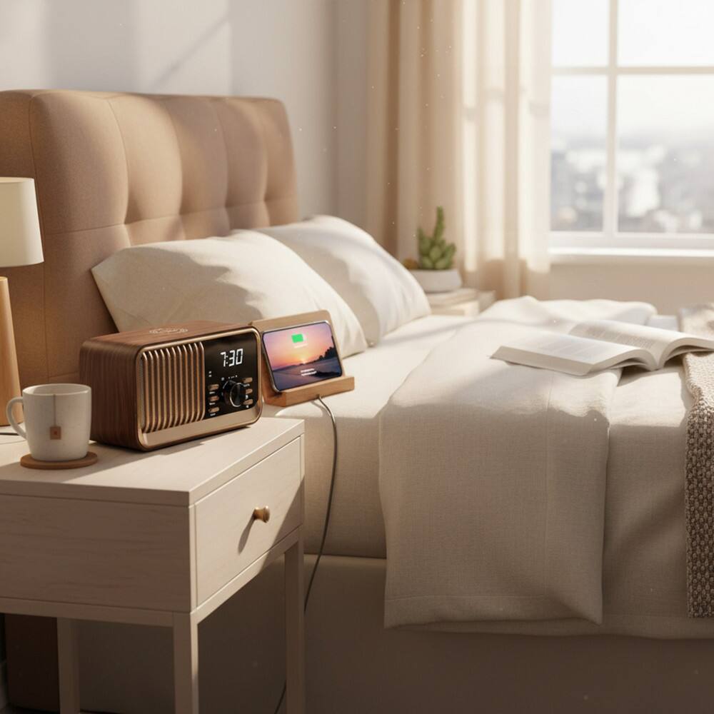 Alt View 3. Dazzed Corner - Alarm Clock Radio with Wireless Charging, Bluetooth Radio - Brown.