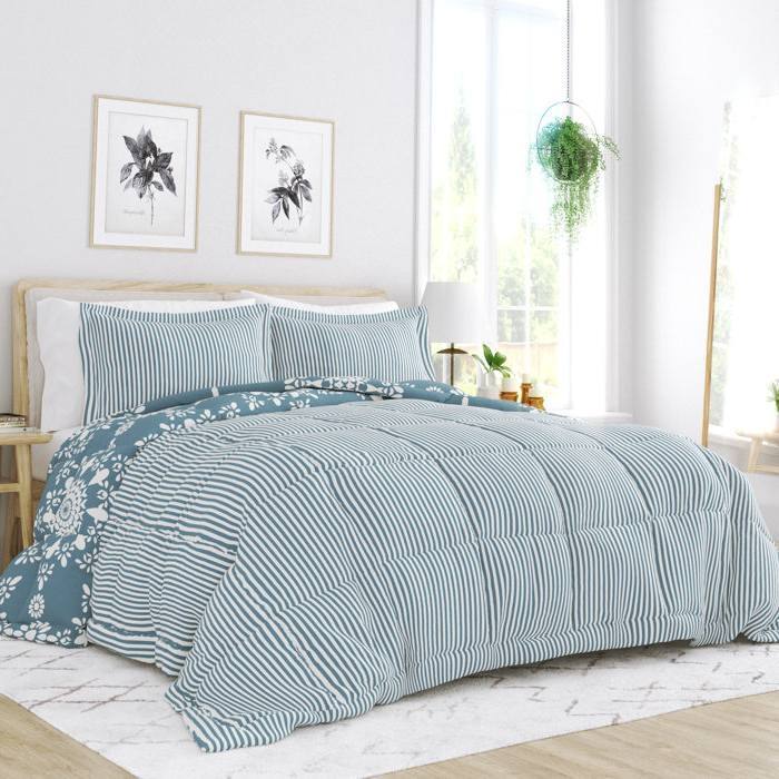 Angle. Hivvago - Full/Queen size 3-Piece Blue and White Reversible Floral Striped Comforter Set - Blue.
