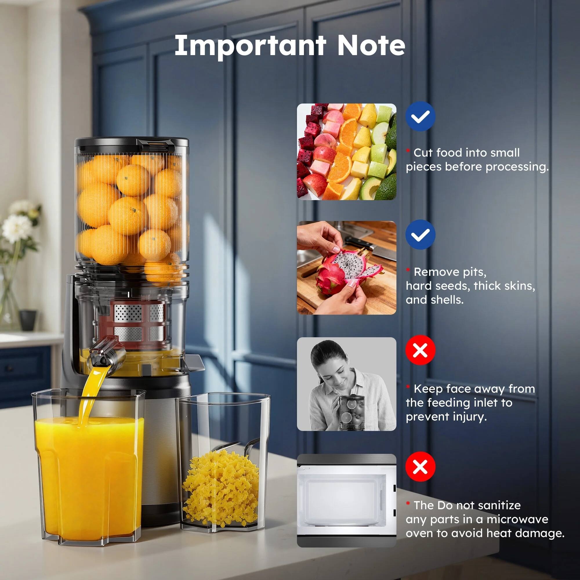 Important Note

- Cut food into small pieces before processing.
- Remove pits, hard seeds, thick skins, and shells.
- Keep face away from the feeding inlet to prevent injury.
- Do not sanitize any parts in a microwave oven to avoid heat damage.