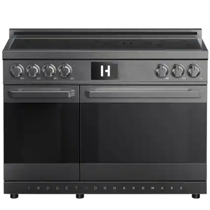 Front. Induction Hardware - Professional 48 Inch Induction Range with Double Convection Ovens & Air Fry, 7 Burner Electric Stove, Pizza Stone - Black.